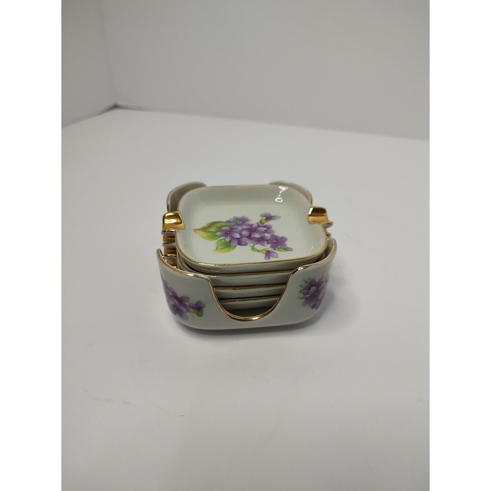Vintage Floral Porcelain Ashtray Set with Gold Trim